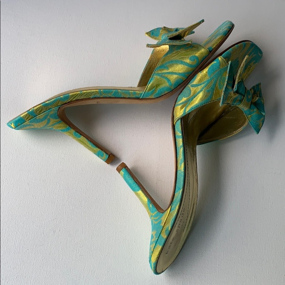 Kate Spade Bow Heel Green Blue Brocade Sandals - Picture 5 of 16
